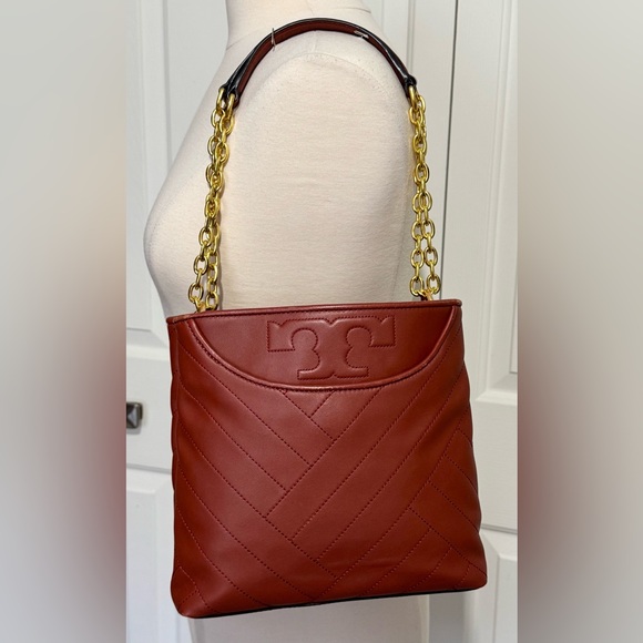 RARE Tory Burch Small Alexa Convertible Tote Bag Quilted Lambskin Rust Gold EUC - Picture 1 of 15